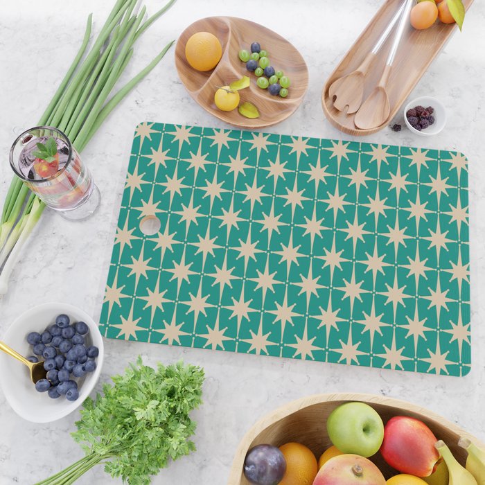 Atomic Age 1950s Retro Starburst Pattern in Mid-Century Modern Beige and Turquoise Teal   Cutting Board Gallery Image 2