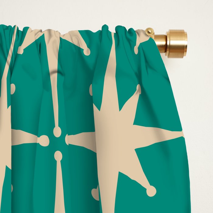 Atomic Age 1950s Retro Starburst Pattern in Mid-Century Modern Beige and Turquoise Teal   Window Curtain Gallery Image 2