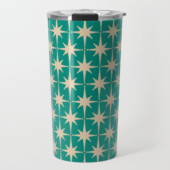 Atomic Age 1950s Retro Starburst Pattern in Mid-Century Modern Beige and Turquoise Teal   Travel Mug Gallery Image 1