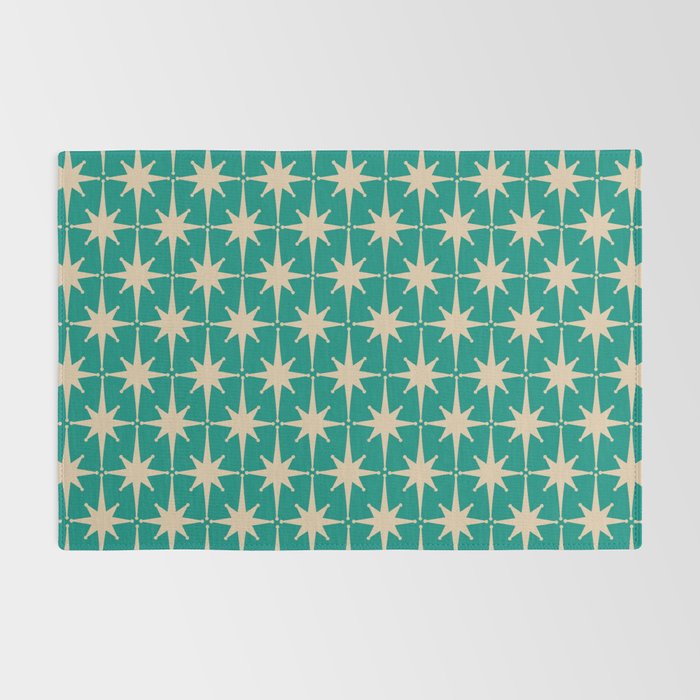 Atomic Age 1950s Retro Starburst Pattern in Mid-Century Modern Beige and Turquoise Teal   Rug Gallery Image 2