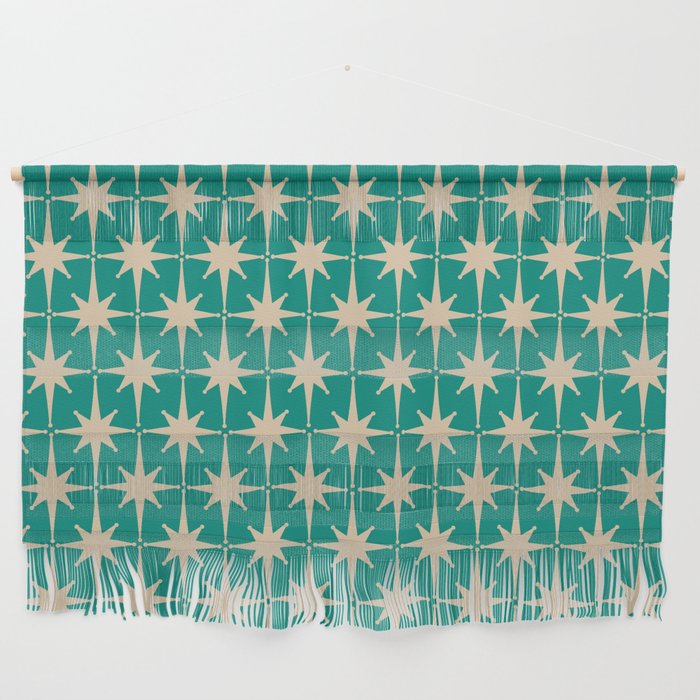 Atomic Age 1950s Retro Starburst Pattern in Mid-Century Modern Beige and Turquoise Teal   Wall Hanging Gallery Image 1