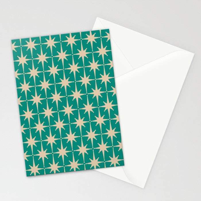 Atomic Age 1950s Retro Starburst Pattern in Mid-Century Modern Beige and Turquoise Teal   Stationery Card Gallery Image 2