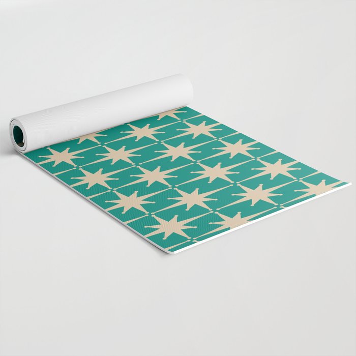 Atomic Age 1950s Retro Starburst Pattern in Mid-Century Modern Beige and Turquoise Teal   Yoga Mat Gallery Image 2