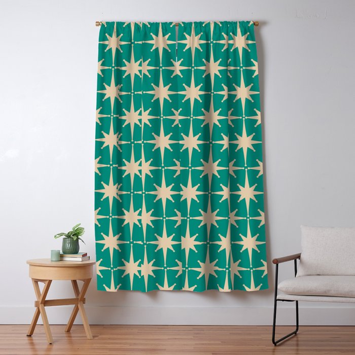Atomic Age 1950s Retro Starburst Pattern in Mid-Century Modern Beige and Turquoise Teal   Window Curtain Gallery Image 5