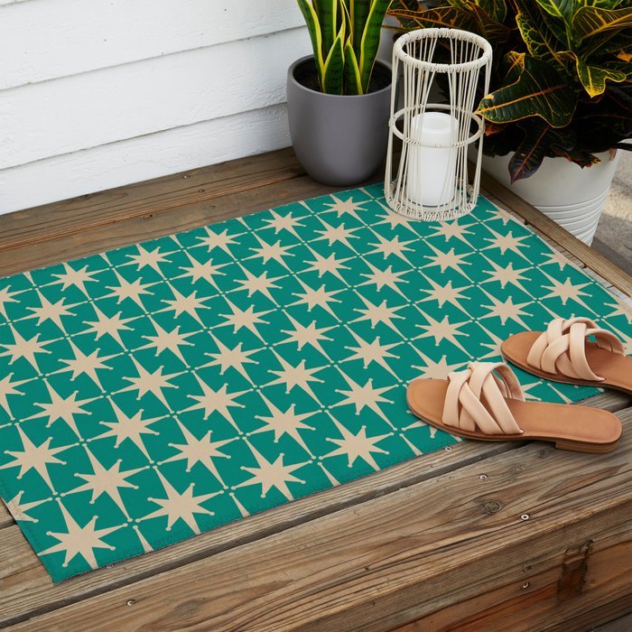 Atomic Age 1950s Retro Starburst Pattern in Mid-Century Modern Beige and Turquoise Teal   Outdoor Rug Gallery Image 2
