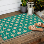 Atomic Age 1950s Retro Starburst Pattern in Mid-Century Modern Beige and Turquoise Teal   Outdoor Rug Gallery Image 2