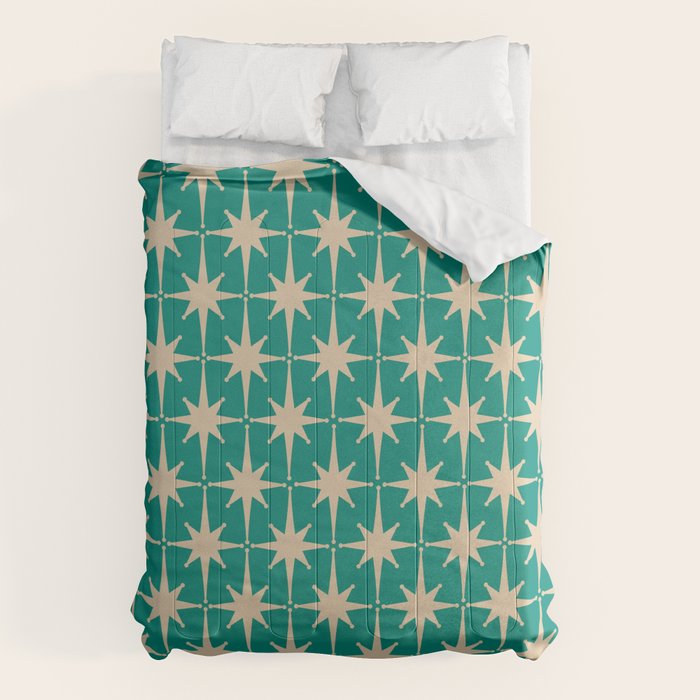 Atomic Age 1950s Retro Starburst Pattern in Mid-Century Modern Beige and Turquoise Teal   Comforter Gallery Image 1