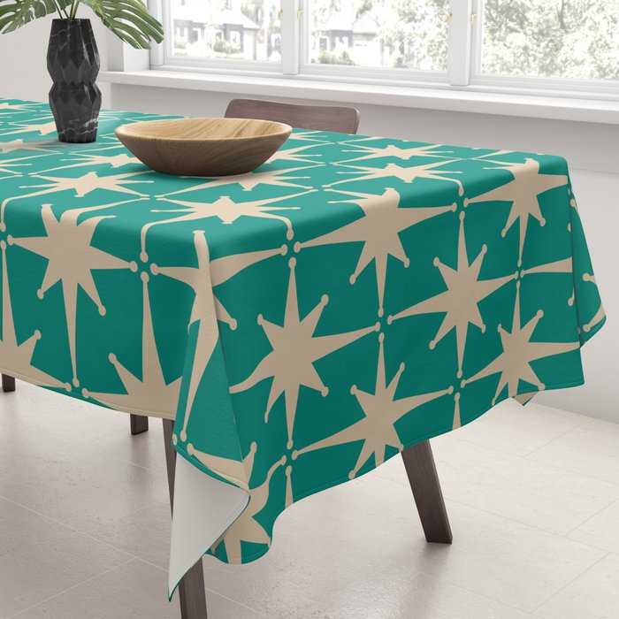 Atomic Age 1950s Retro Starburst Pattern in Mid-Century Modern Beige and Turquoise Teal   Tablecloth Gallery Image 3