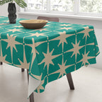 Atomic Age 1950s Retro Starburst Pattern in Mid-Century Modern Beige and Turquoise Teal   Tablecloth Gallery Image 3