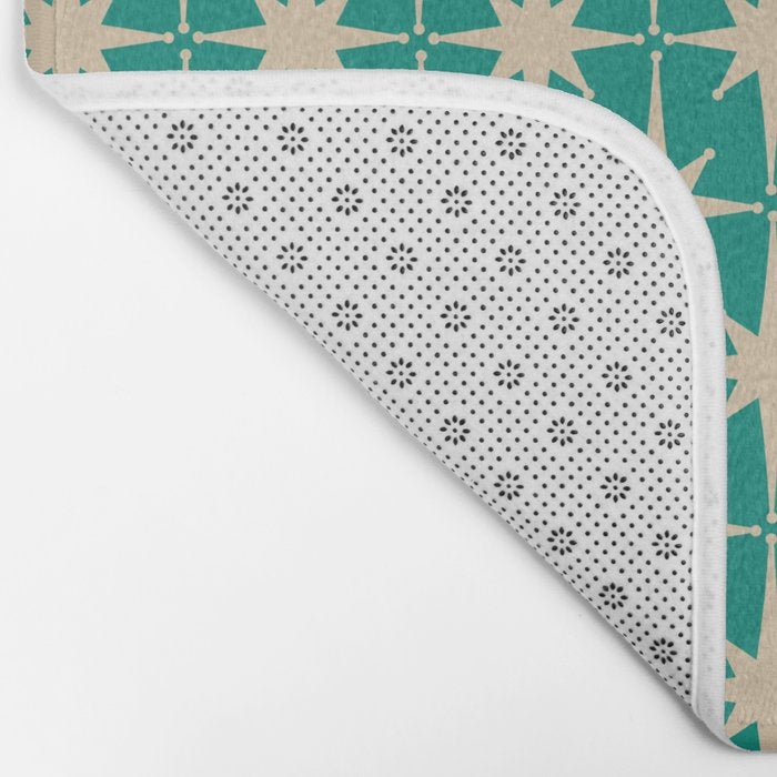 Atomic Age 1950s Retro Starburst Pattern in Mid-Century Modern Beige and Turquoise Teal   Bath Mat Gallery Image 2