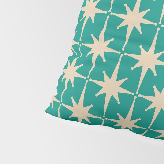 Atomic Age 1950s Retro Starburst Pattern in Mid-Century Modern Beige and Turquoise Teal   Pillow Sham Gallery Image 4