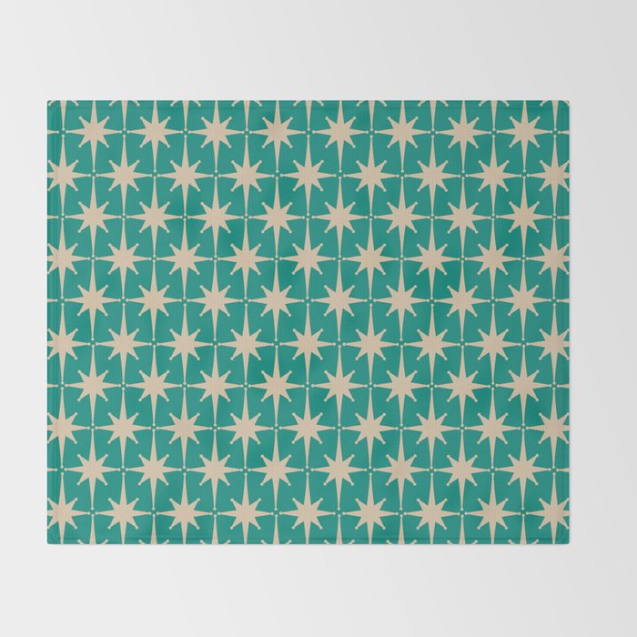Atomic Age 1950s Retro Starburst Pattern in Mid-Century Modern Beige and Turquoise Teal   Throw Blanket Gallery Image 2