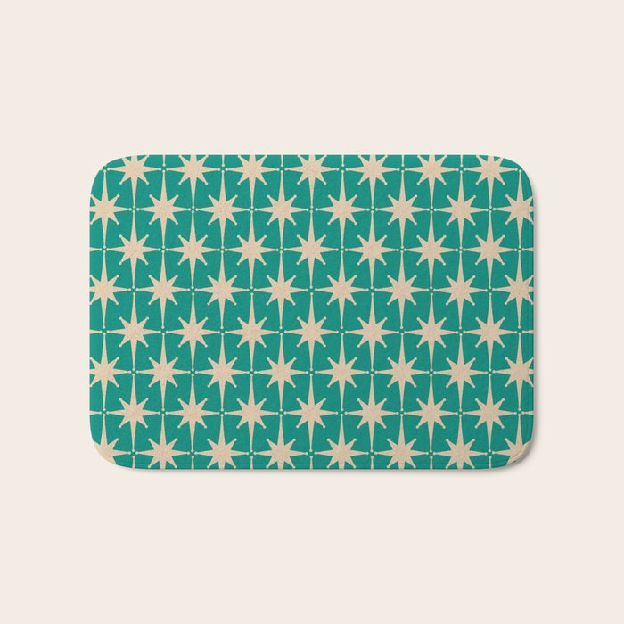 Atomic Age 1950s Retro Starburst Pattern in Mid-Century Modern Beige and Turquoise Teal   Bath Mat Gallery Image 1
