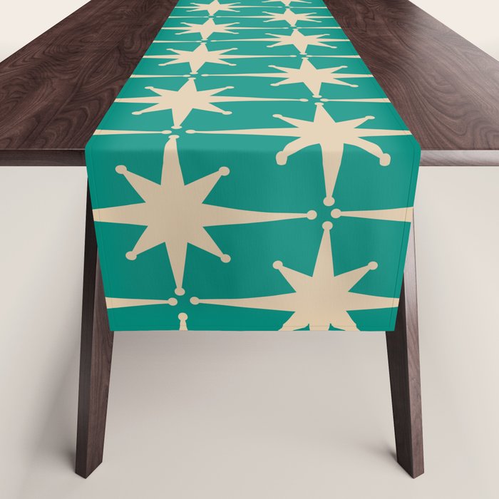 Atomic Age 1950s Retro Starburst Pattern in Mid-Century Modern Beige and Turquoise Teal   Table Runner Gallery Image 1