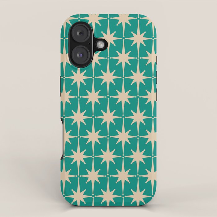 Atomic Age 1950s Retro Starburst Pattern in Mid-Century Modern Beige and Turquoise Teal   iPhone Case Gallery Image 1