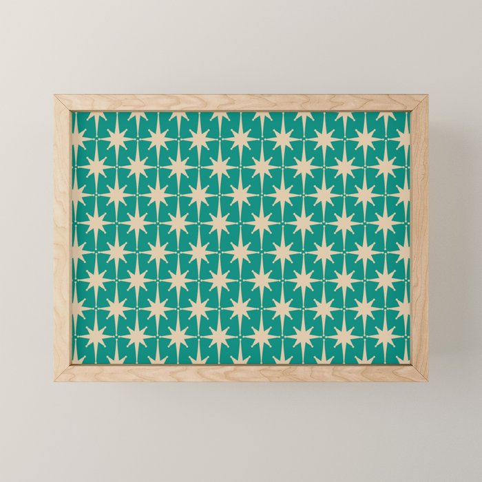 Atomic Age 1950s Retro Starburst Pattern in Mid-Century Modern Beige and Turquoise Teal   Mini Art Print Gallery Image 1