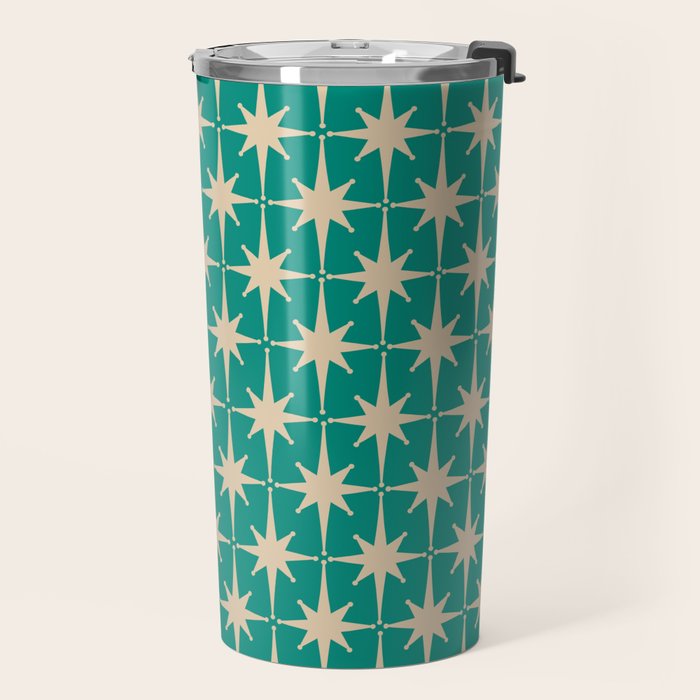 Atomic Age 1950s Retro Starburst Pattern in Mid-Century Modern Beige and Turquoise Teal   Travel Mug Gallery Image 2