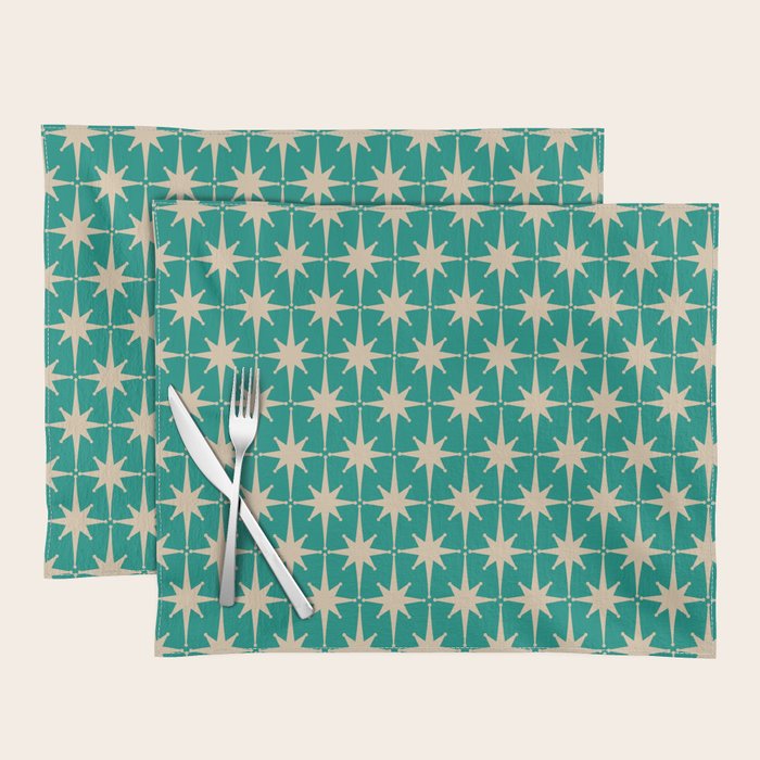 Atomic Age 1950s Retro Starburst Pattern in Mid-Century Modern Beige and Turquoise Teal   Placemat Gallery Image 1