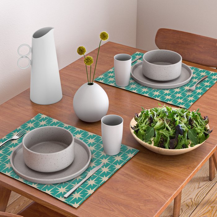 Atomic Age 1950s Retro Starburst Pattern in Mid-Century Modern Beige and Turquoise Teal   Placemat Gallery Image 2