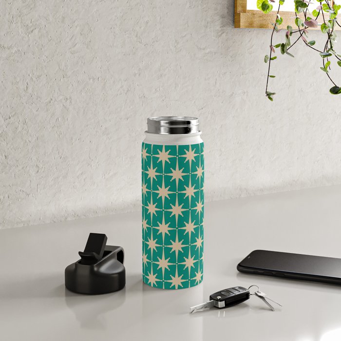 Atomic Age 1950s Retro Starburst Pattern in Mid-Century Modern Beige and Turquoise Teal   Water Bottle Gallery Image 4