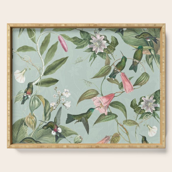 Vintage Hummingbirds and Passiflora Paradise Garden in Teal and Pink Serving Tray Gallery Image 1