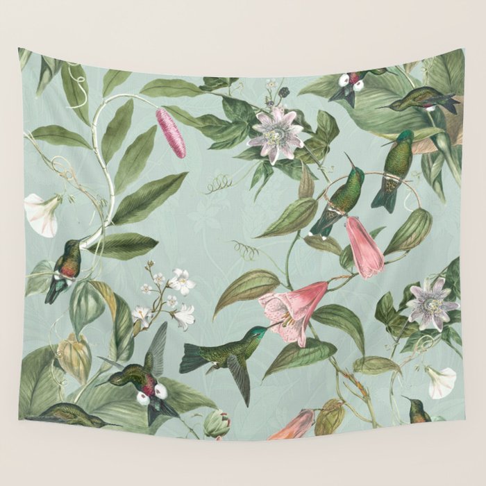 Vintage Hummingbirds and Passiflora Paradise Garden in Teal and Pink Wall Tapestry Gallery Image 4
