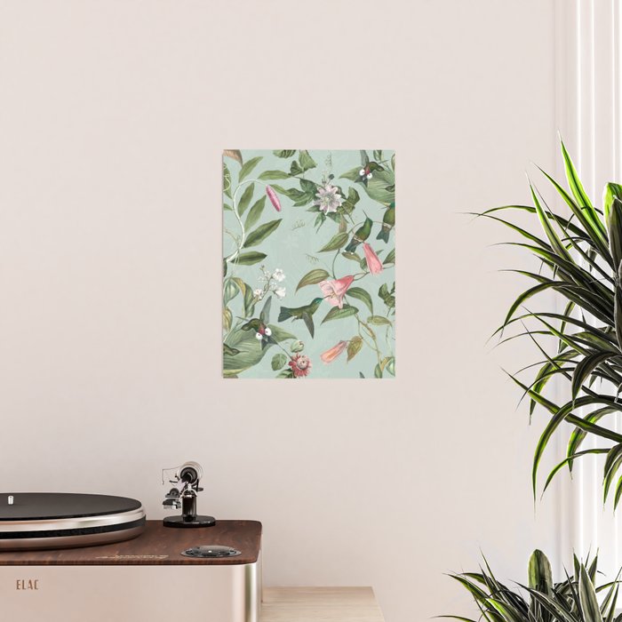Vintage Hummingbirds and Passiflora Paradise Garden in Teal and Pink Poster Gallery Image 2