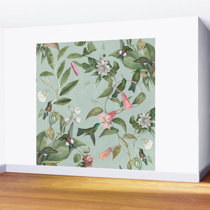 Vintage Hummingbirds and Passiflora Paradise Garden in Teal and Pink Wall Mural Gallery Image 2