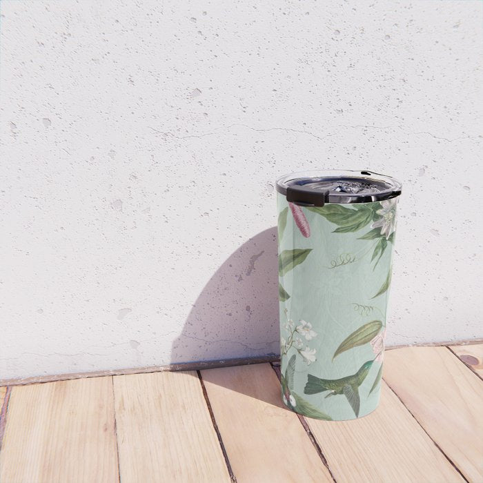 Vintage Hummingbirds and Passiflora Paradise Garden in Teal and Pink Travel Mug Gallery Image 4