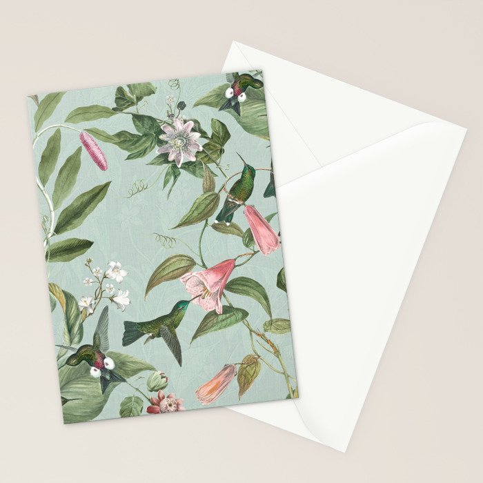 Vintage Hummingbirds and Passiflora Paradise Garden in Teal and Pink Stationery Card Gallery Image 2