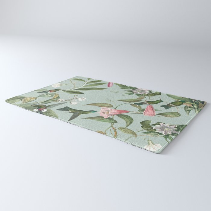 Vintage Hummingbirds and Passiflora Paradise Garden in Teal and Pink Rug Gallery Image 3