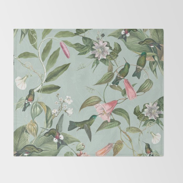 Vintage Hummingbirds and Passiflora Paradise Garden in Teal and Pink Throw Blanket Gallery Image 2