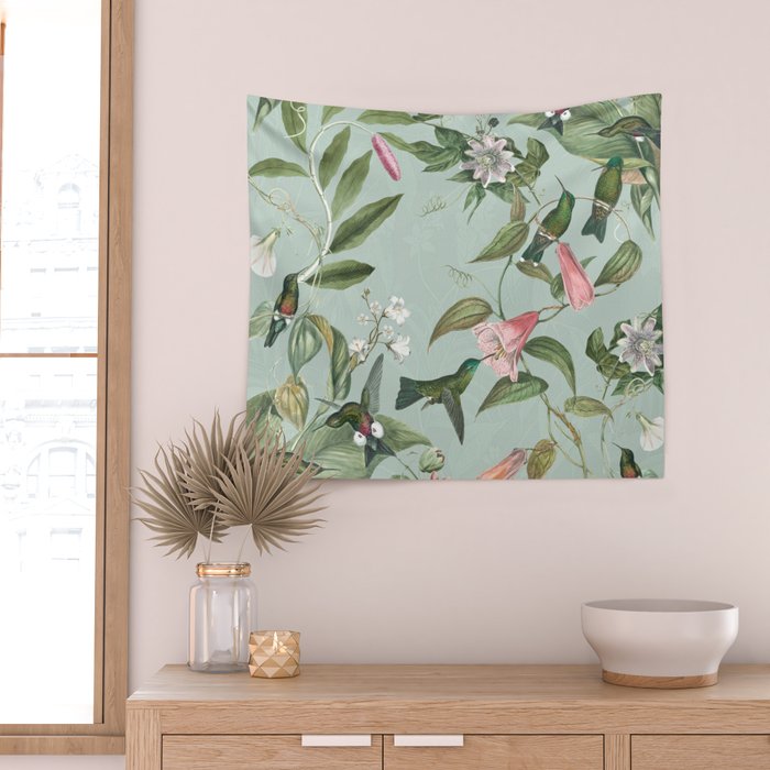 Vintage Hummingbirds and Passiflora Paradise Garden in Teal and Pink Wall Tapestry Gallery Image 2