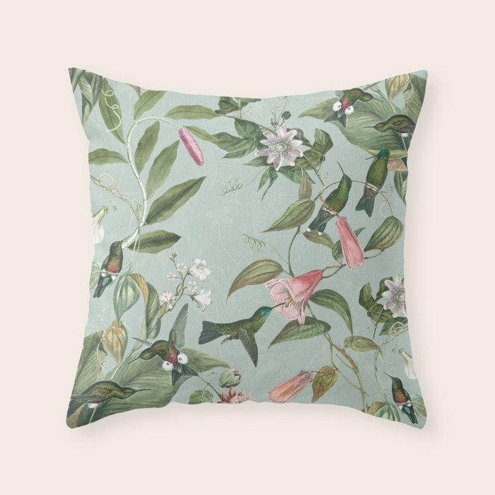 Vintage Hummingbirds and Passiflora Paradise Garden in Teal and Pink Throw Pillow Gallery Image 1