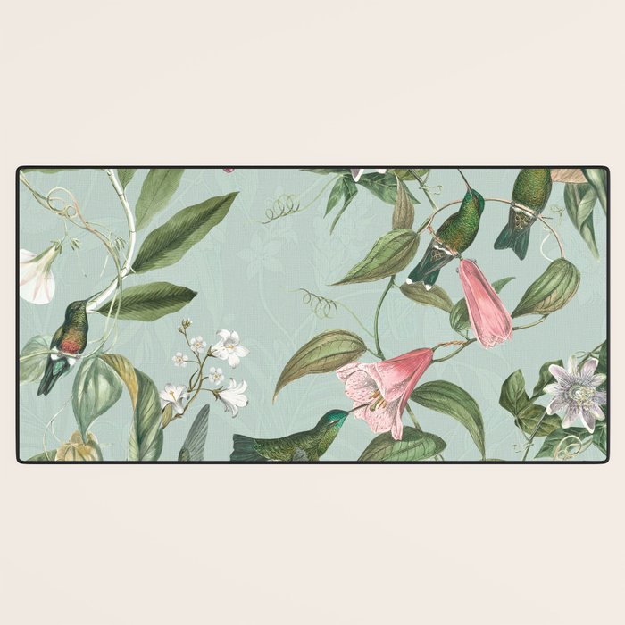 Vintage Hummingbirds and Passiflora Paradise Garden in Teal and Pink Desk Mat Gallery Image 3