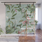 Vintage Hummingbirds and Passiflora Paradise Garden in Teal and Pink Wall Mural Gallery Image 1