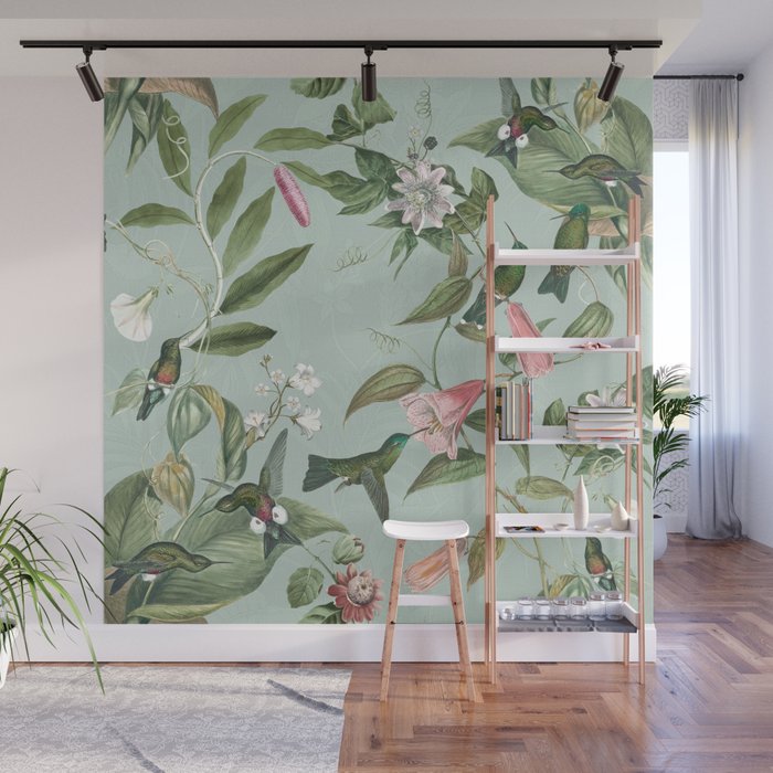 Vintage Hummingbirds and Passiflora Paradise Garden in Teal and Pink Wall Mural Gallery Image 1