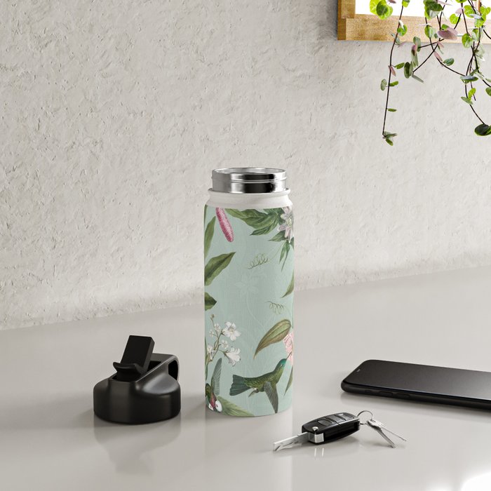Vintage Hummingbirds and Passiflora Paradise Garden in Teal and Pink Water Bottle Gallery Image 4