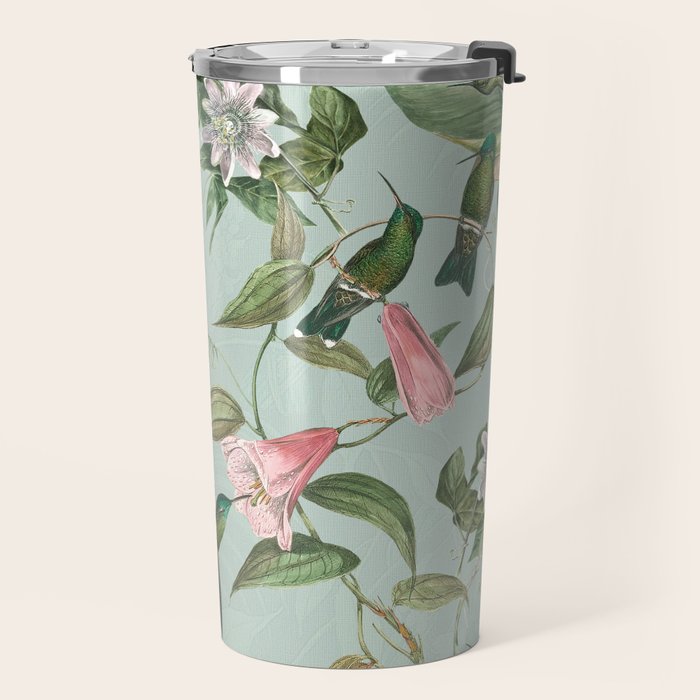 Vintage Hummingbirds and Passiflora Paradise Garden in Teal and Pink Travel Mug Gallery Image 2