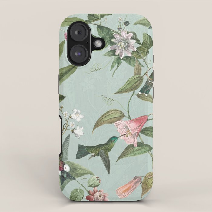 Vintage Hummingbirds and Passiflora Paradise Garden in Teal and Pink iPhone Case Gallery Image 1