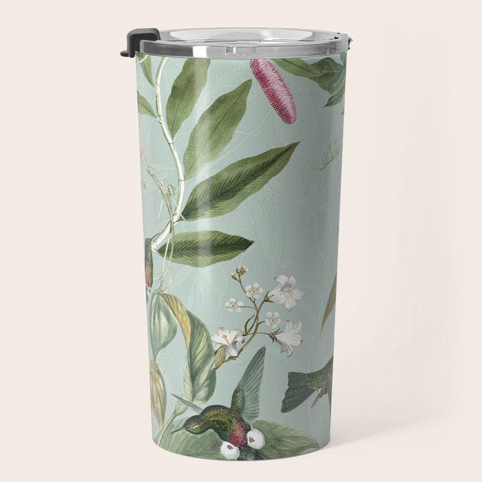 Vintage Hummingbirds and Passiflora Paradise Garden in Teal and Pink Travel Mug Gallery Image 3