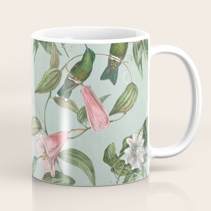 Vintage Hummingbirds and Passiflora Paradise Garden in Teal and Pink Coffee Mug Gallery Image 1