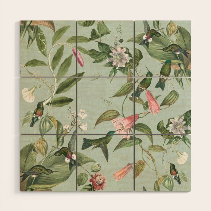 Vintage Hummingbirds and Passiflora Paradise Garden in Teal and Pink Wood Wall Art Gallery Image 1