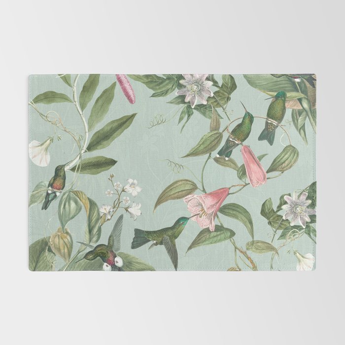 Vintage Hummingbirds and Passiflora Paradise Garden in Teal and Pink Rug Gallery Image 2