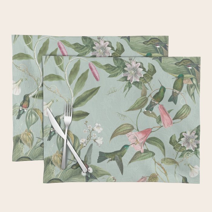 Vintage Hummingbirds and Passiflora Paradise Garden in Teal and Pink Placemat Gallery Image 1