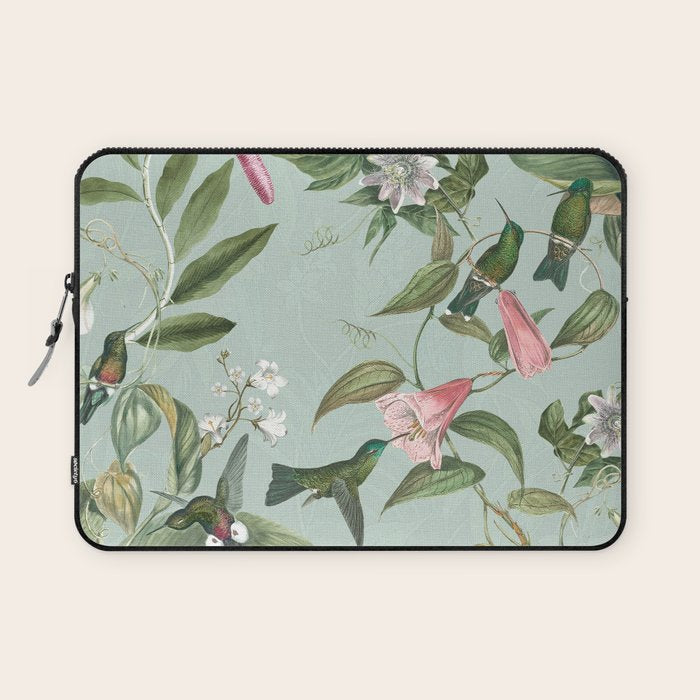 Vintage Hummingbirds and Passiflora Paradise Garden in Teal and Pink Laptop Sleeve Gallery Image 1