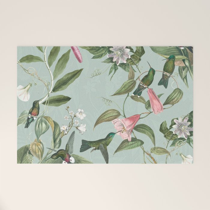 Vintage Hummingbirds and Passiflora Paradise Garden in Teal and Pink Welcome Mat Gallery Image 1