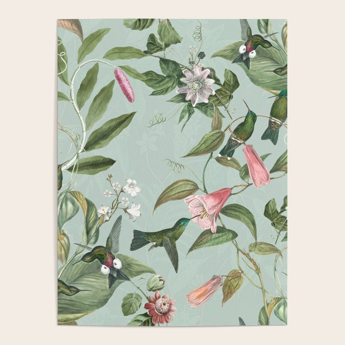 Vintage Hummingbirds and Passiflora Paradise Garden in Teal and Pink Poster Gallery Image 1