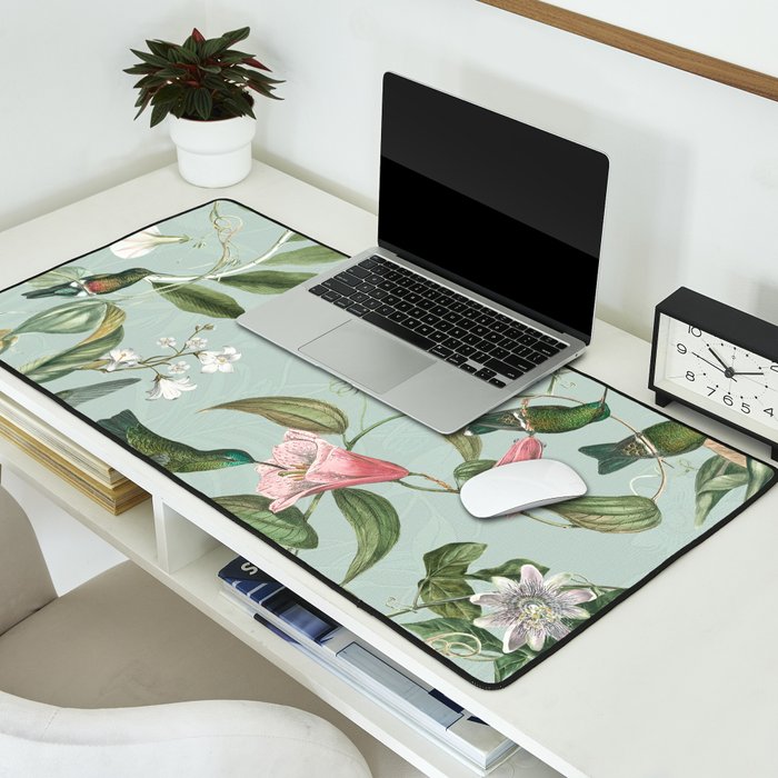 Vintage Hummingbirds and Passiflora Paradise Garden in Teal and Pink Desk Mat Gallery Image 2