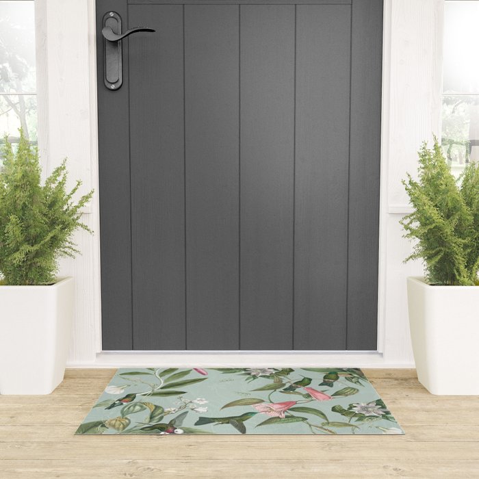 Vintage Hummingbirds and Passiflora Paradise Garden in Teal and Pink Welcome Mat Gallery Image 3